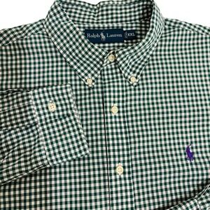 Ralph Lauren Gingham Button Down Shirt Mens 2XL Green Long Sleeve Purple Pony